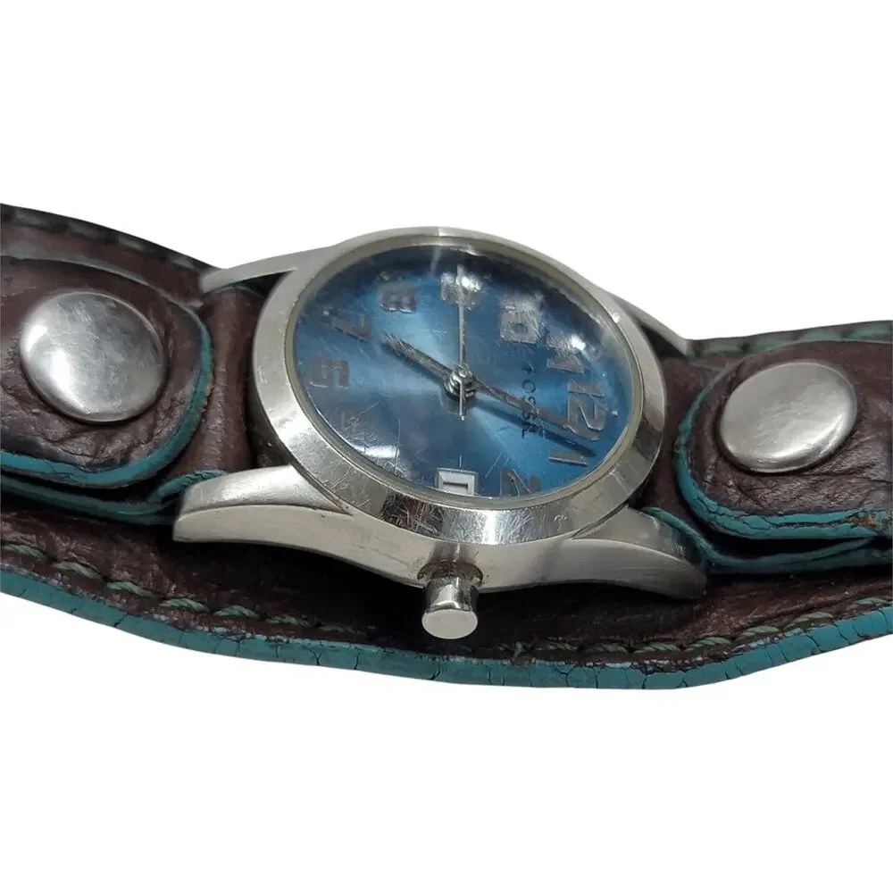 Fossil Wide Cuff Watch Brown Leather Blue Dial Date Indicator Y2K Retro